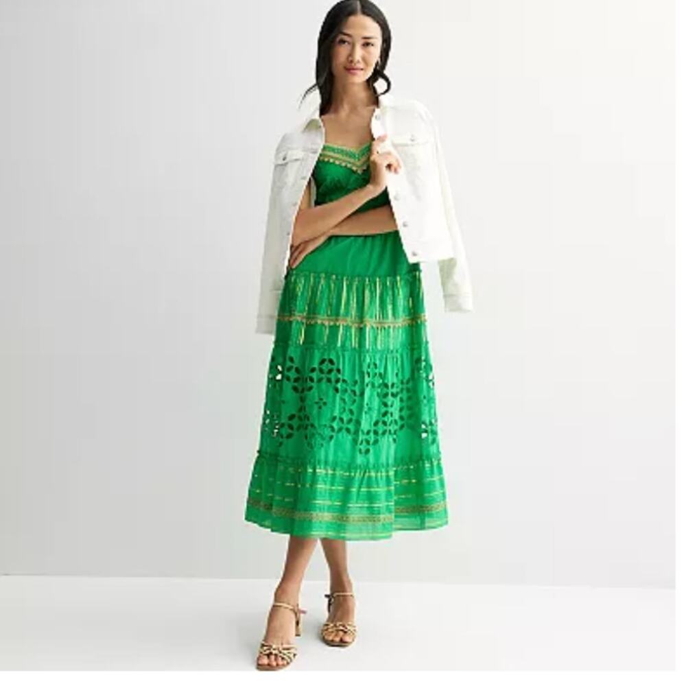 Farmers Market Green Cotton Eyelet Midi Dress Size L - Picture 2 of 9